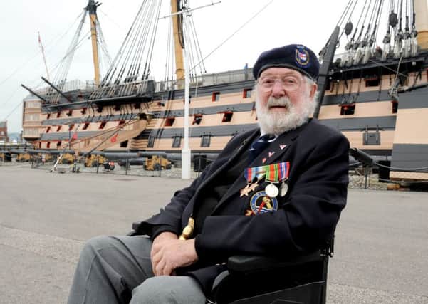 D-Day veteran Bob Reeves, 93, from Exeter, in front of HMS Victory