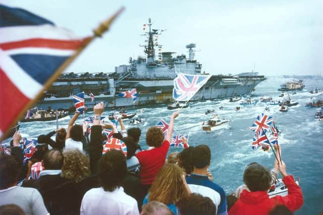 EXTRAORDINARY HMS Hermes returns to Portsmouth after the 1982 Falklands war