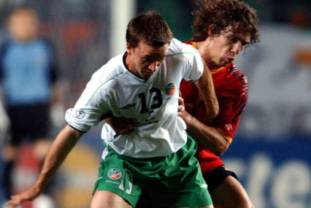 Former Pompey striker David Connolly in action for Republic of Ireland against Spain at the 2002 World Cup