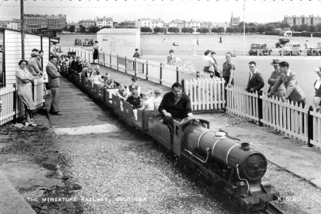A train departs Southsea miniature station in the 1950s.