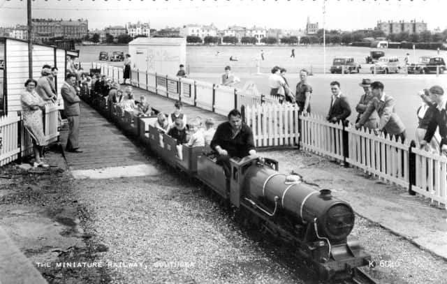 A train departs Southsea miniature station in the 1950s.