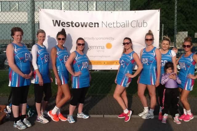 All About Netball League newcomers Westowen, left to right: Ann-Marie Nomouja, Gemma Parsons, Paige Blake, Lindsay Clifton, Helen Manuel, Emma Boucher, Jade Barraclough, Donna Jackson and mascot Kara