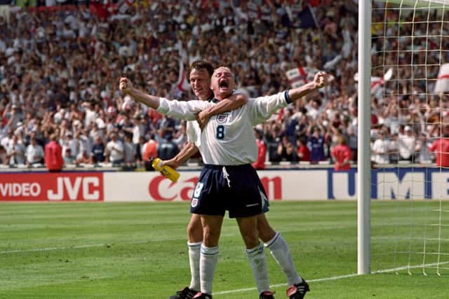 Paul Gascoigne celebrating his goal with Teddy Sheringham in the Euro 96 clash against Scotland, at Wembley.
Picture: Neil Munns/PA Wire.