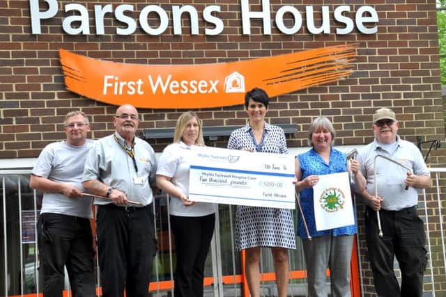 (L-r) Bobbie Letts (bulk rubbish team leader), Philip Trussler (yard foreman), Sam Hunter, (area surveyor) Georgi Robinson-Welch (corporate partnerships manager at Phyllis Tuckwell Hospice), Heather Chalkley (community development officer at First Wessex and volunteer co-ordinator at Parents Action Group), Don Vicary (mobile caretaker cleaner)