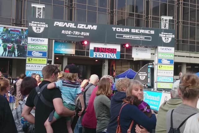 Spectators gather outside Portsmouth Guildhall ahead of the Pearl Izumi cycling races
