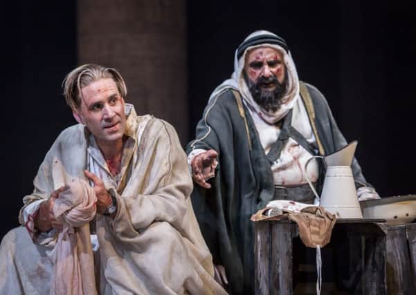 Joseph Fiennes as T.E. Lawrence and Peter Polycarpou as Sheik Auda Abu Tayi. Picture: Johan Persson