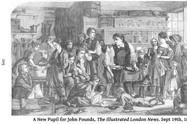 A new pupil for John Pounds, The Illustrated London News,September 19, 1857.  Pounds became a cobbler after an accident in the dockyard when he was 15 while working as an apprentice shipwright. His back was severely injured but he went on to teach himself to read, write and acquire general knowledge. Pounds noticed there were many poor children around who were ill-clad, undernourished and uneducated and set about caring for them and providing an education single-handedly and without payment.