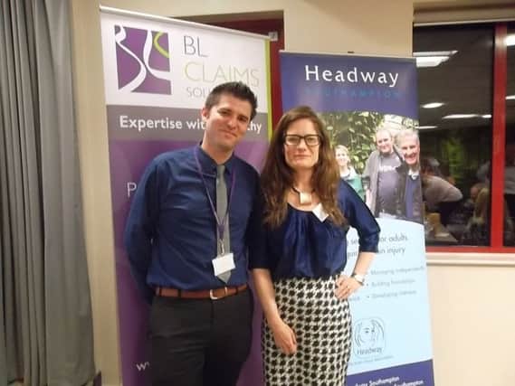 Quiz organizer Martin Usher, from BL Claims Solicitors, and Jo Hillier, from Headway Southampton, at a quiz at the law firm's Chandler's Ford office