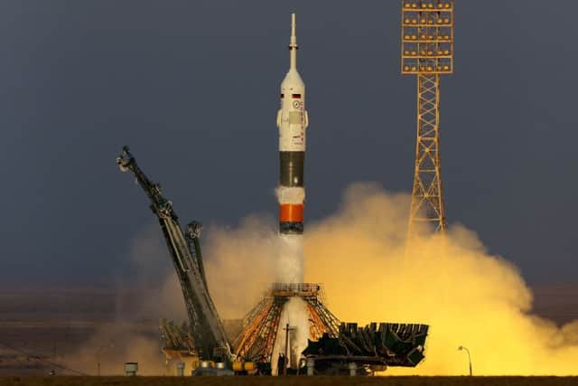 Tim Peake with crew members Yuri Malenchenko and Tim Kopra blast off from the Baikonur Cosmodrome in Kazakhstan, to start their journey to International Space Station