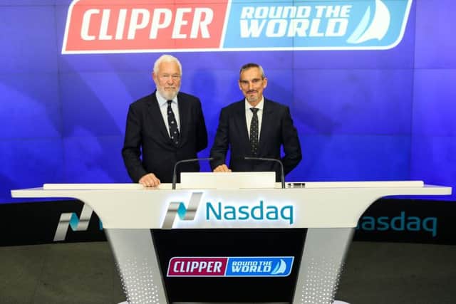 Clipper Ventures founders chairman Sir Robin Knox-Johnston, left, and chief executive officer William Ward, rang the Opening Bell at the Nasdaq stock exchange in New York yesterday