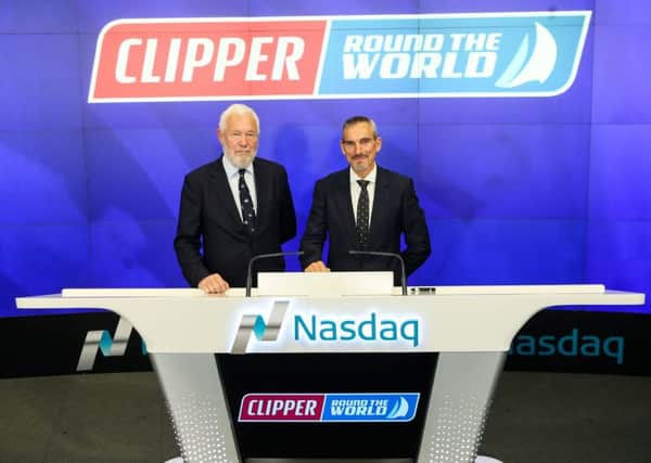 Clipper Ventures founders chairman Sir Robin Knox-Johnston, left, and chief executive officer William Ward, rang the Opening Bell at the Nasdaq stock exchange in New York yesterday