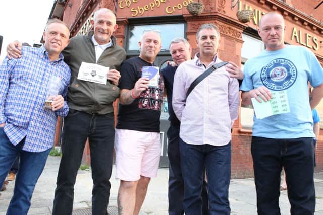 Andrew Bache's friends Mark Davison, Tim House, Steve Ayling, John Madden, Crispin Harwood and Jason Ricketts outside the Shepherds Crook Picture: Habibur Rahman (160903-5264)