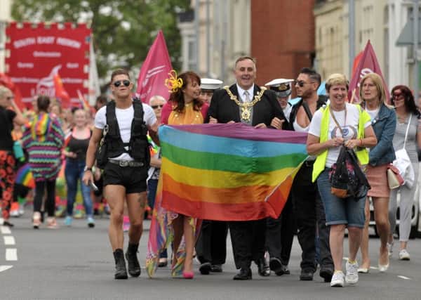 The Portsmouth Pride March makes its way to Southsea Common, led by Lord Mayor David Fuller