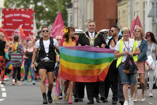 The Portsmouth Pride March makes its way to Southsea Common, led by Lord Mayor David Fuller