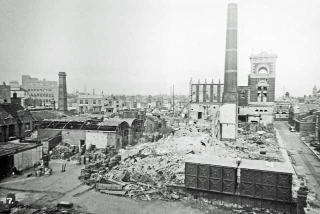 A scene all too common during the war. Hambrook Street, Southsea looking east. The Guildhall clock tower can be seen middle left in the distance.