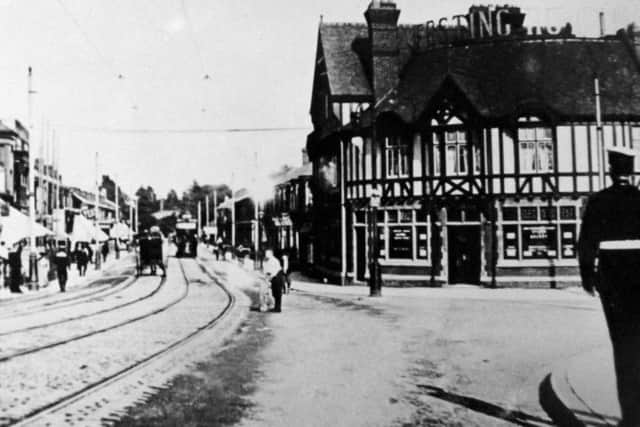 jpns-25-06-16 rw festing
FESTING ROAD JUNCTION FROM ALBERT ROAD BRIDGE
A very early pre 1912 photograph taken from the Albert Road bridge over the East Southsea railway. The Festing Hotel is to the right. Notice the railings to the far left.