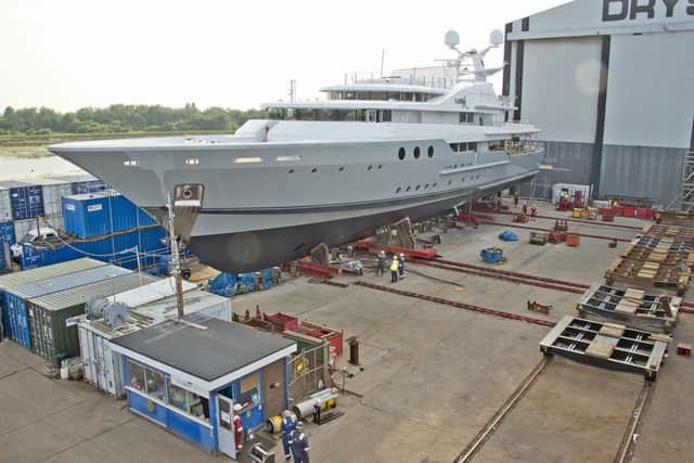 Burgess Marine launching Alan Sugar's 55m superyacht Lady A from its ship lift at Portchester