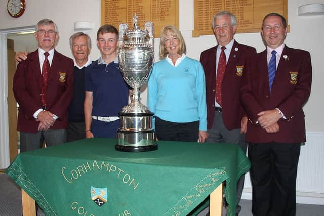 Past and present Corhampton captains with Scott Gregory and the British Amateur trophy. Picture: Andrew Griffin
