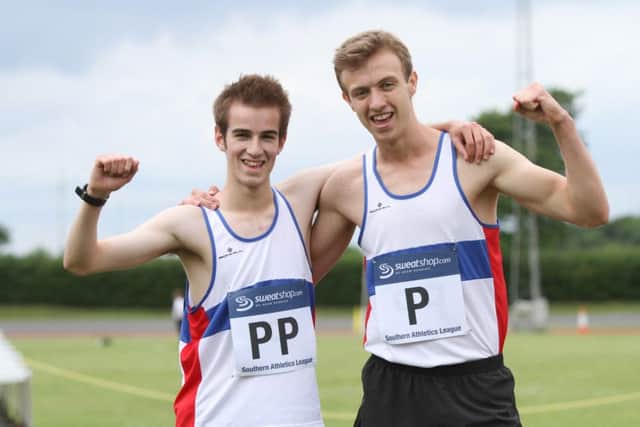 Toby Roe, left, and Tom MacSwayne earned a win double in the 800m for City of Portsmouth at the Mountbatten Centre. Picture: Habibur Rahman (160901-7689)