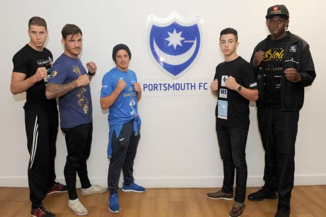 From left: Charlie Quinn, Joel McIntyre, Dave Birmingham, Lucas Ballingall and Biola Kudus at Fratton Park ahead of Portsmouths big fight night on July 9   Picture: Sarah Standing