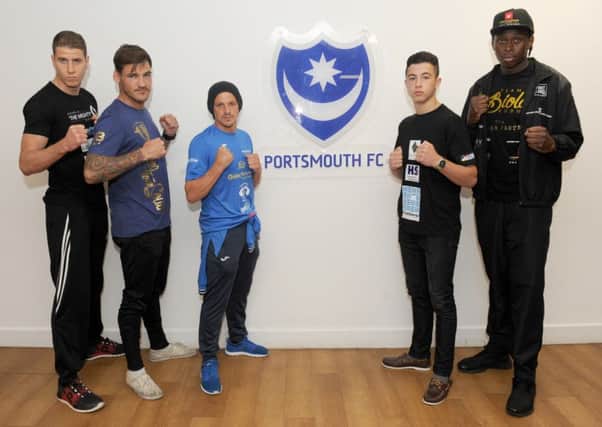 From left: Charlie Quinn, Joel McIntyre, Dave Birmingham, Lucas Ballingall and Biola Kudus at Fratton Park ahead of Portsmouths big fight night on July 9   Picture: Sarah Standing