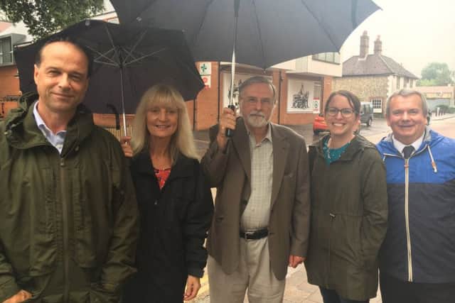 From left, George Hollingbery MP, Sally McGrath, Derek Dee, Jo Balston and Cllr Rob Humby in London Road, Horndean, looking at the traffic