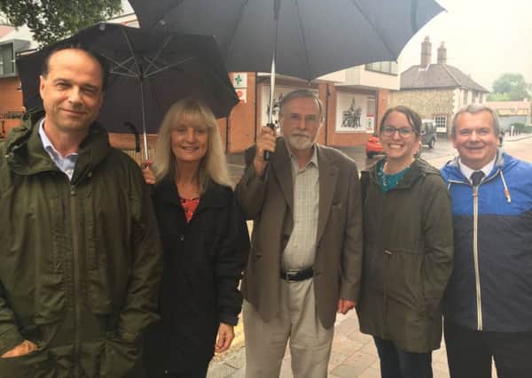 From left, George Hollingbery MP, Sally McGrath, Derek Dee, Jo Balston and Cllr Rob Humby in London Road, Horndean, looking at the traffic