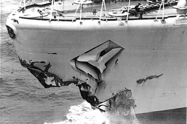 MANGLED HMS Falmouths damaged bow after her collision with the Icelandic coastguard gunboat Tyr during the Cod War in 1976.                    Picture: David Mathias