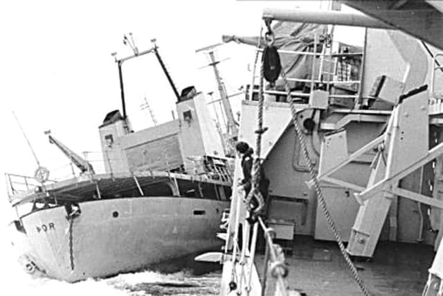 CRUNCH HMS Yarmouth collides with the Icelandic gunboat Thor which was attempting to reach trawlers out of the picture during the Cod War