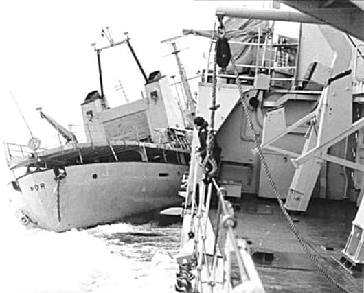 CRUNCH HMS Yarmouth collides with the Icelandic gunboat Thor which was attempting to reach trawlers out of the picture during the Cod War