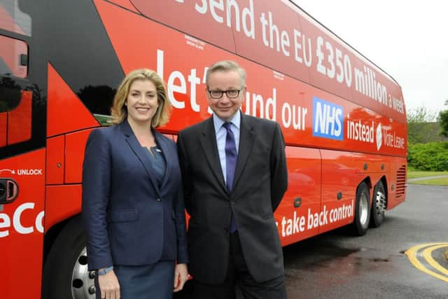 Portsmouth North MP Penny Mordaunt with Michael Gove and the Brexit battlebus in Portsmouth on Wednesday