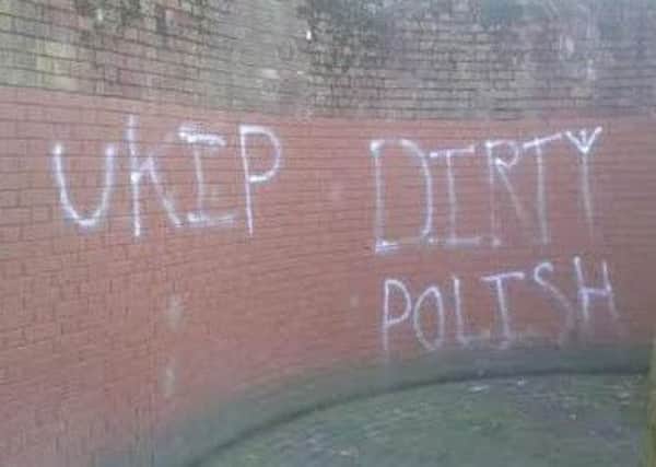 The racist graffiti close to the war memorial in Guildhall Square