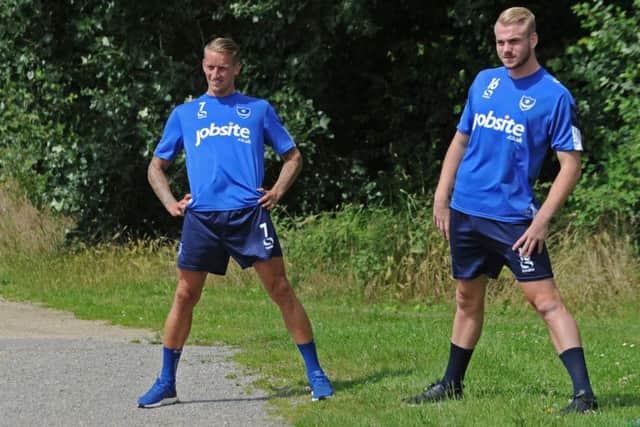 Carl Baker, left, and Jack Whatmough on day one of Pompey training. Picture: Ian Hargreaves