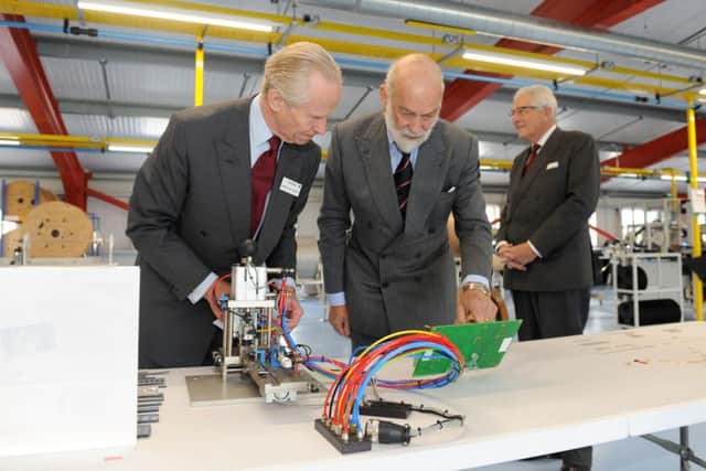 Harwin chairman Damon de Laszlo, left, showing HRH Prince Michael of Kent around the new factory. Picture: Sarah Standing (160932-5868)