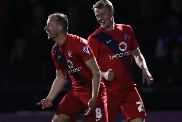 Former York player Luke Summerfield celebrates scoring against Pompey last season Picture: Joe Pepler