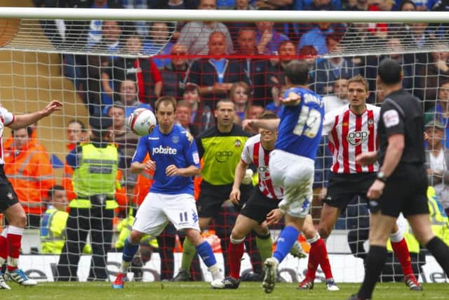 David Norris cracks in his last-gasp leveller in Pompey's 2-2 draw at Southampton in April, 2012 - the last time the two teams met