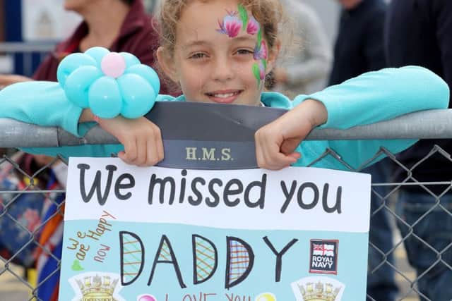 Emily Anderson welcomes home her fatherPortsmouth-based warship HMS Defender returned home