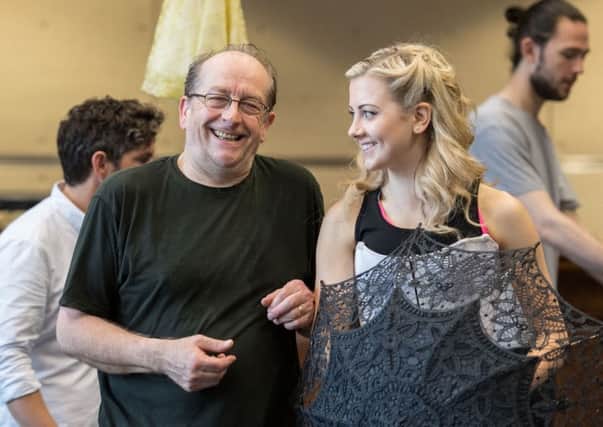 Ian Bartholomew as Chitterlow and Bethany Huckle as Flo in rehearsals for Chichester Festival Theatre's Half A Sixpence. Picture by Manuel Harlan.