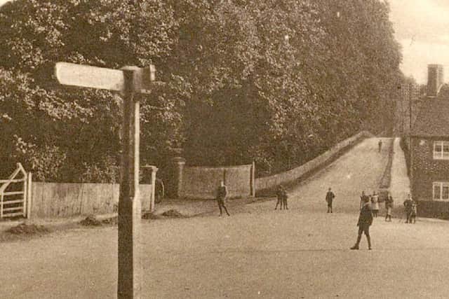 The junction of three hills, Portsdown Hill Road on the left, Bedhampton Hill behind camera and Bedhampton Road facing.