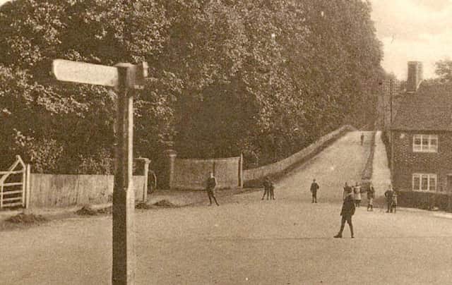 The junction of three hills, Portsdown Hill Road on the left, Bedhampton Hill  behind camera and Bedhampton Road facing.