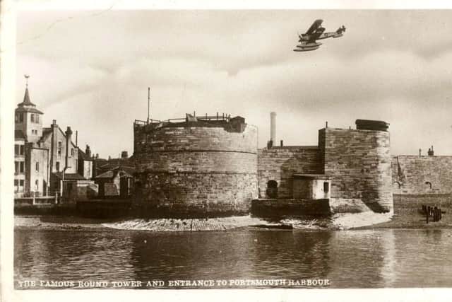 The Round Tower postcard posted in 1947 complete with seaplane. Can you identify it?