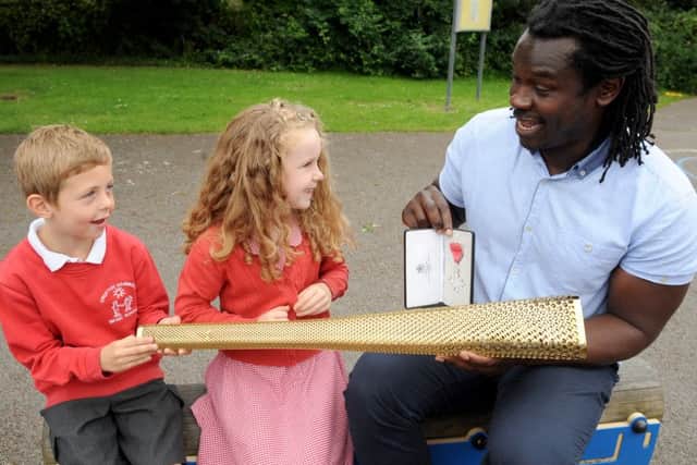 Pupils Ollie Jenner and Daisy De-Saint-Bissix-Croix with Linvoy Primus
Picture: Sarah Standing (160934-5976)