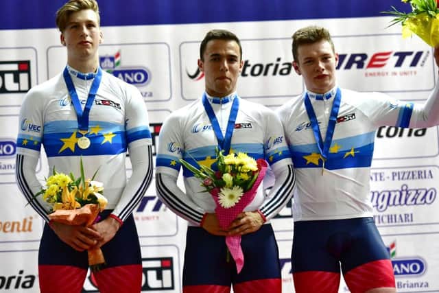 Joe Truman, left, with Ryan Owens and Jack Carlin, right. Picture: British Cycling