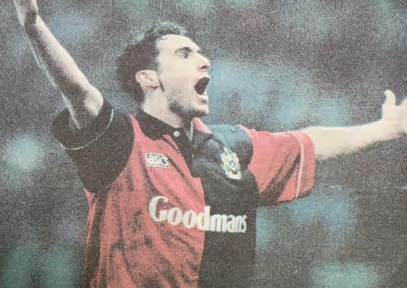 Macca celebrates his hat-trick against Blackburn Rovers in 1994
