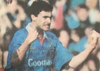 Alan McLoughlin enjoys his maiden Blues strike against Tranmere Rovers in 1992