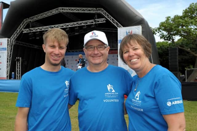 21/y/16 Americas Cup Thursday America's Cup Wavemakers Volunteers gather before the event starts. Volunteers L-R Jonathan 21, Glyn 55 and Karen Powell 53 Picture: Paul Jacobs (160164-11) PPP-160721-101726006