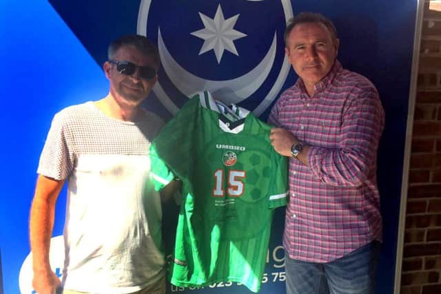 Crispin Harwood, left, and Alan McLoughlin with the Ireland shirt.