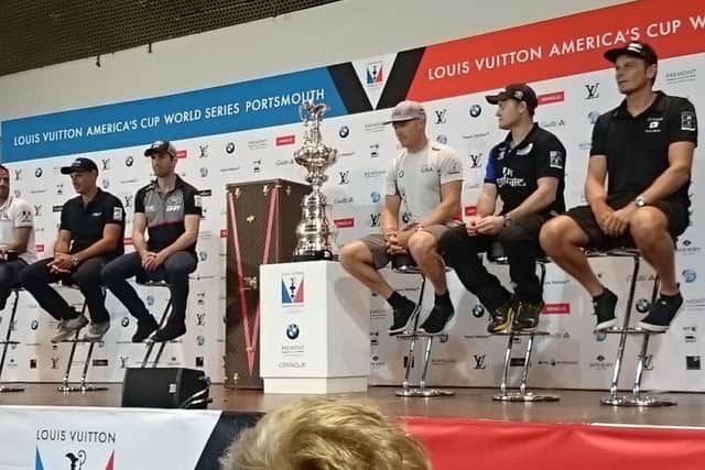 Sir Ben Ainslie and other America's Cup sailors at today's press conference in Portsmouth