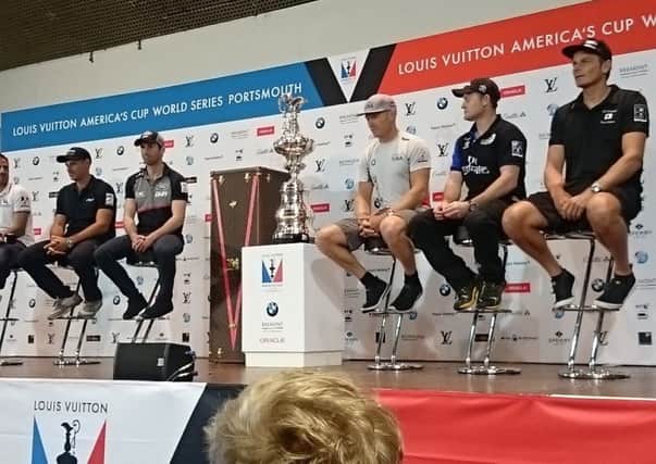 Sir Ben Ainslie and other America's Cup sailors at today's press conference in Portsmouth