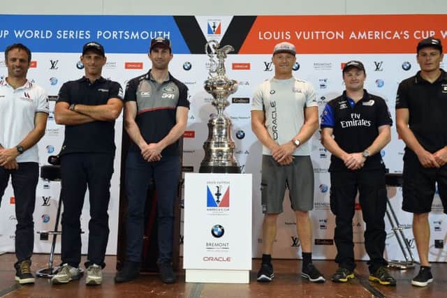(from left to right) Groupama Team France skipper Frank Cammas, Artemis Racing Helmsan Francesco Bruni, Land Rover BAR Team Principal, Skipper and Helmsman Sir Ben Ainslie, Oracle team USA skipper and Helmsman Jimmy Spithill, Emirates Team New Zealand skipper and sailing director Glenn Ashby and Softbank Team Japan's CEO and Skipper Dean Barker. Picture: Andrew Matthews/PA